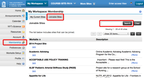 Screenshot showing the steps to join the Fulbright Sakai site